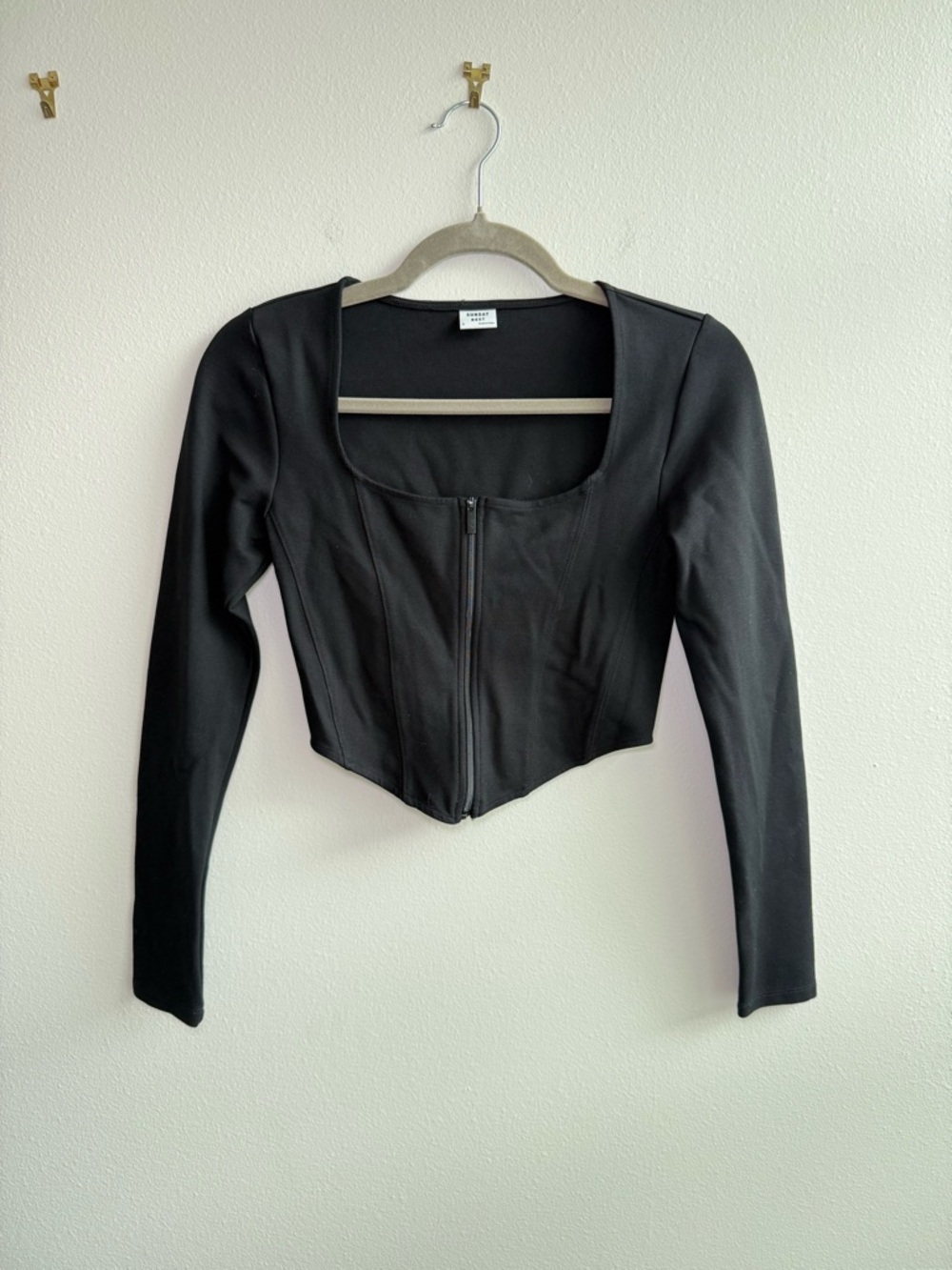 Aritzia Sunday Best Black Long-Sleeve cropped Zip Front Corset Top